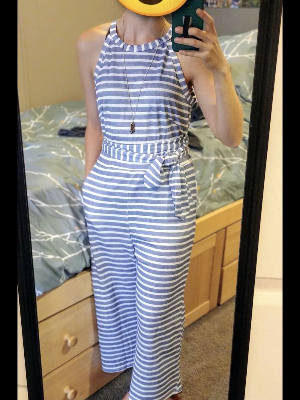 ePretty Blue & White Striped Halter Jumpsuit with Waist Tie